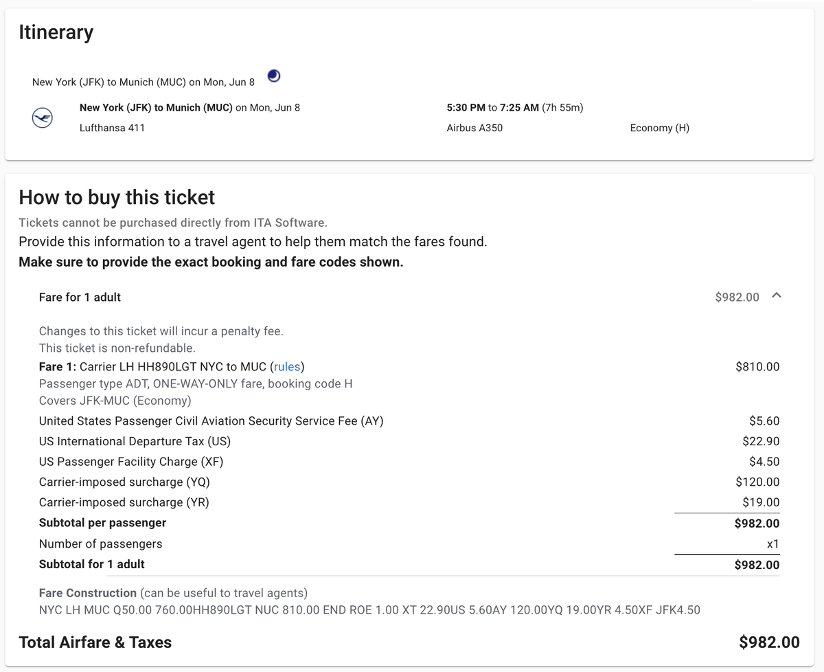 ITA Matrix Lufthansa H fare JFK MUC ITA Matrix Lufthansa H fare JFK MUC