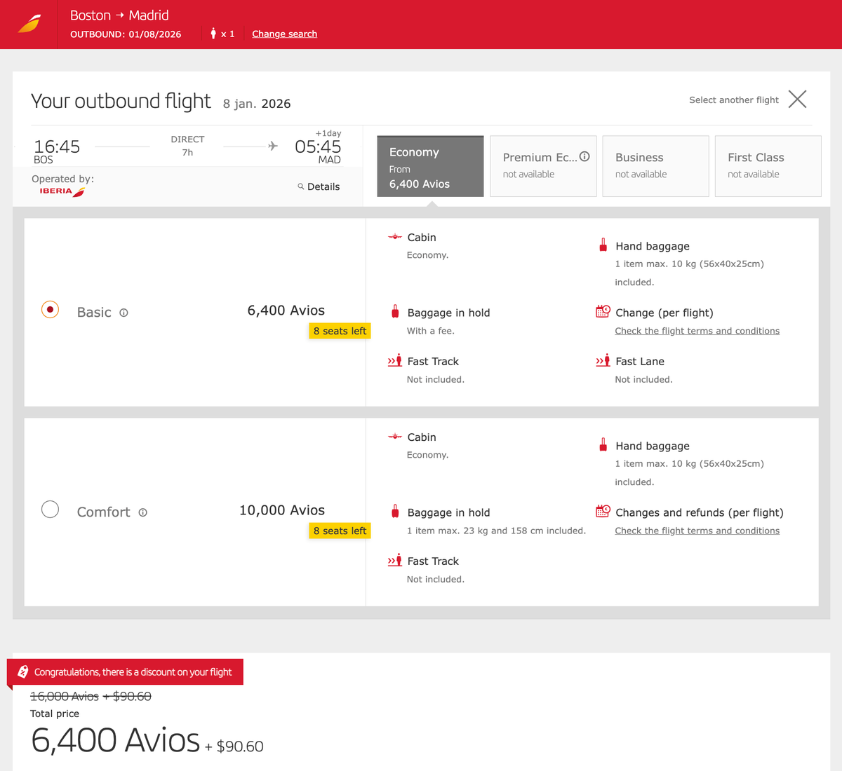 Iberia BOS MAD 6400 Avios