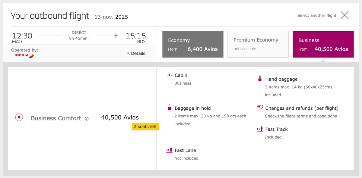 Iberia MAD BOS business class using Avios