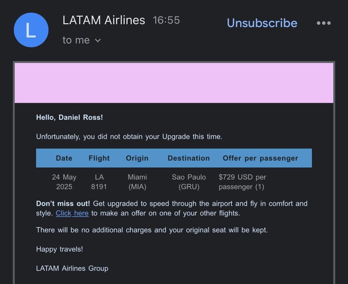 LATAM upgrade rejection email