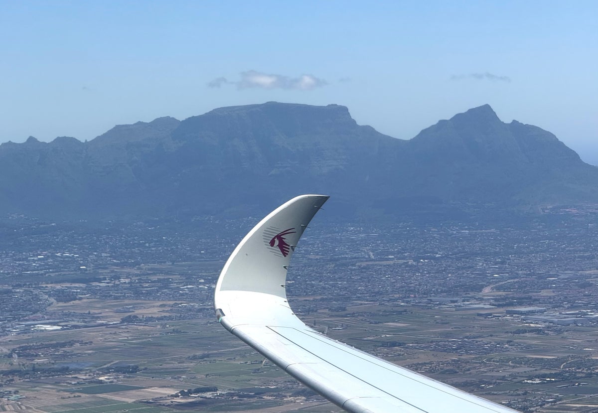 Qatar Airways A350 wingtip and Table Mountain Cape Town table mount