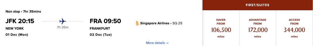 Singapore JFK FRA 106.5k First Class award