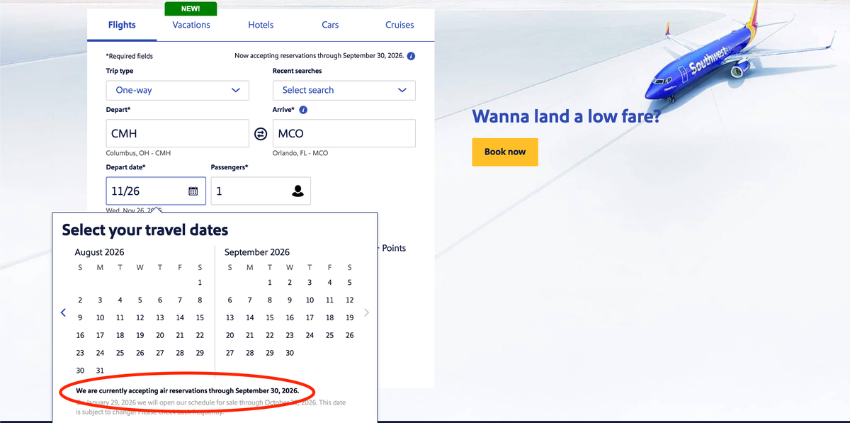 Southwest schedule September 30 2026 extension