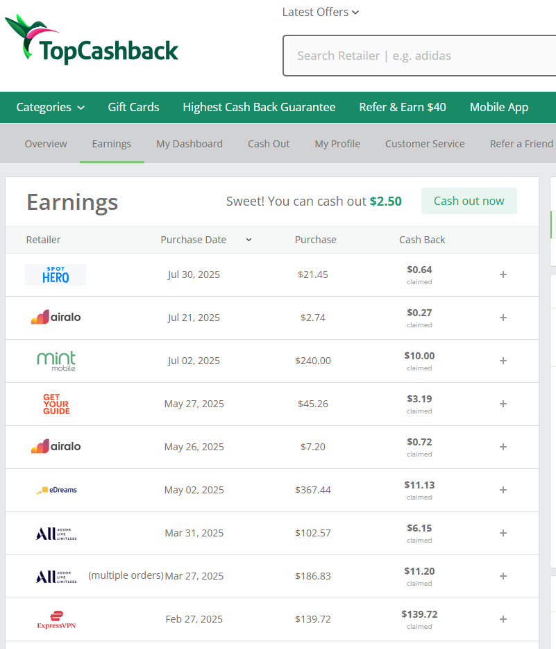 TopCashback earnings