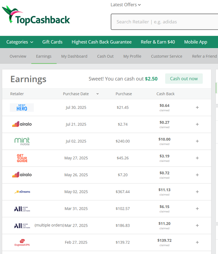 TopCashback earnings TopCashback earnings