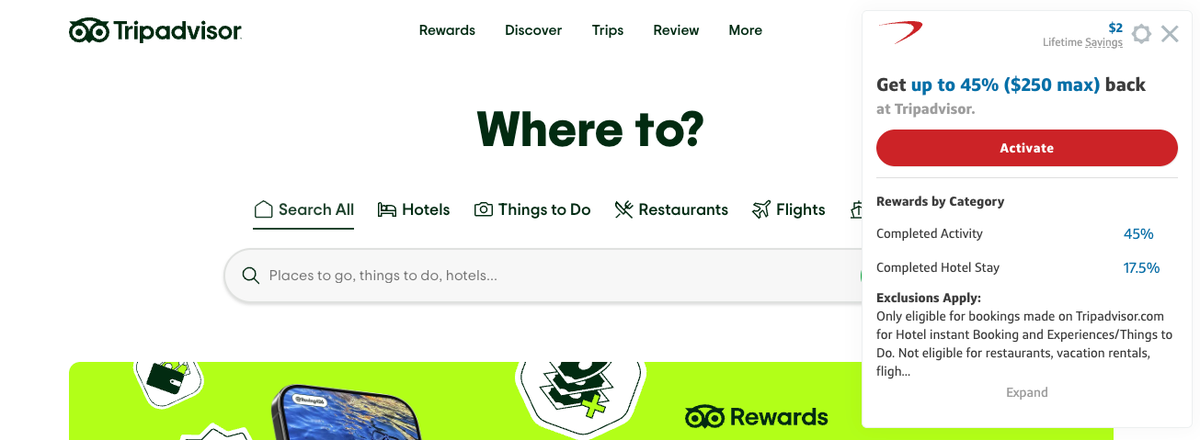 TripAdvisor Website With Capital One Shopping Browser Extension Active
