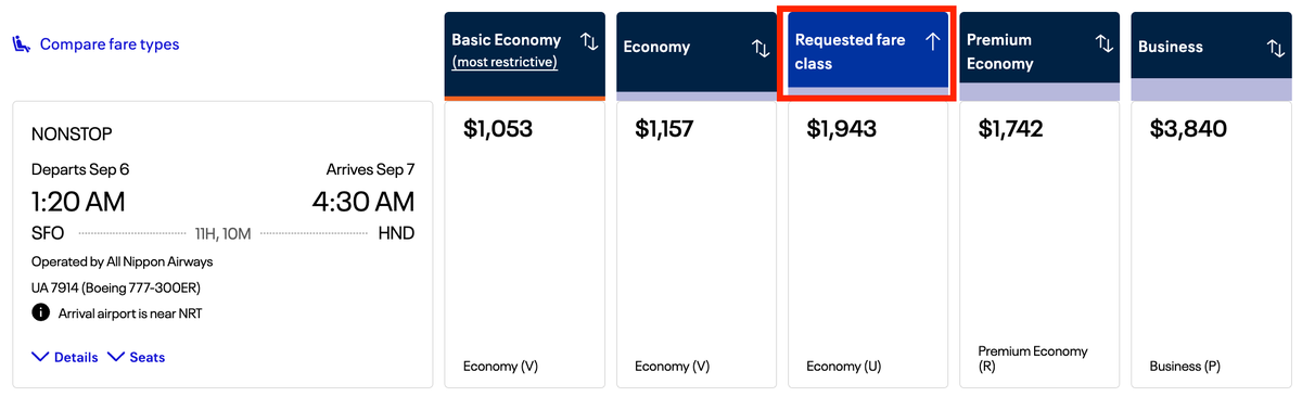 United requested fare class United requested fare class