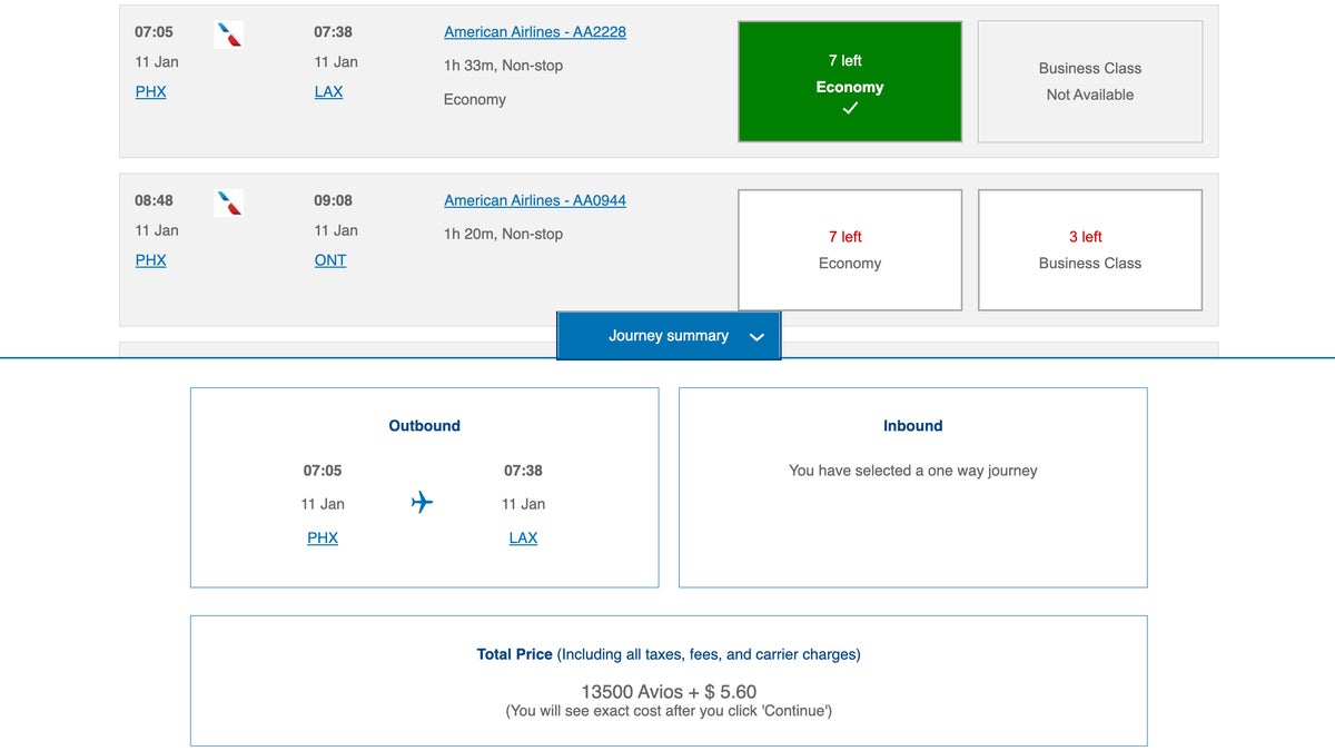 ba avios phx lax award