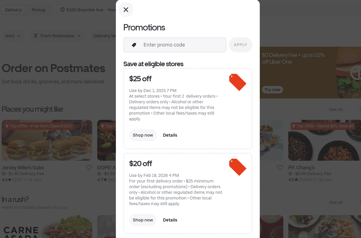 postmates review promotions tab