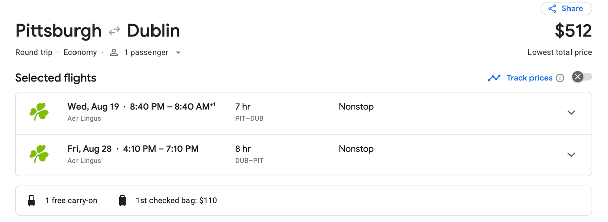 Aer Lingus PIT DUB cost Aer Lingus PIT DUB cost