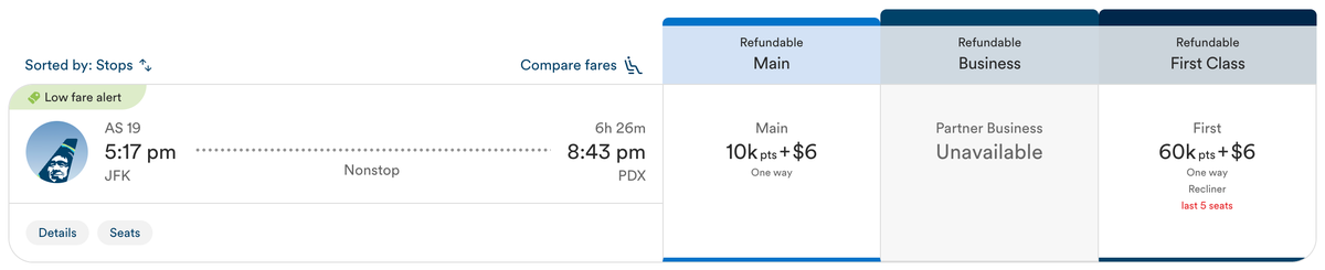 Alaska Atmos Rewards redemption JFK PDX