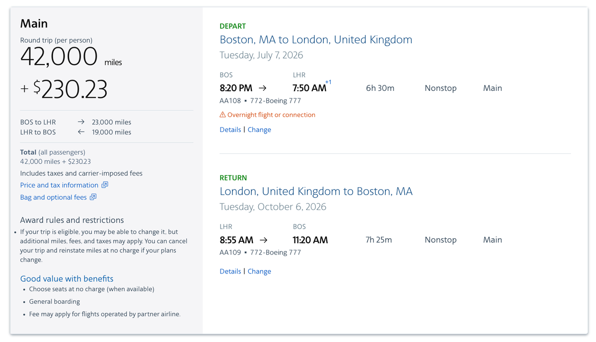American AAdvantage BOS LHR 42k miles