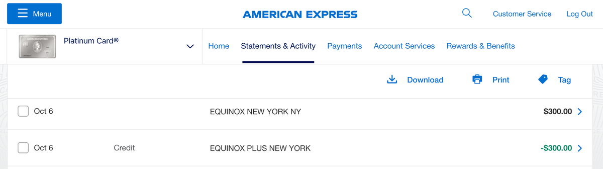 Amex Platinum Equinox statement credit