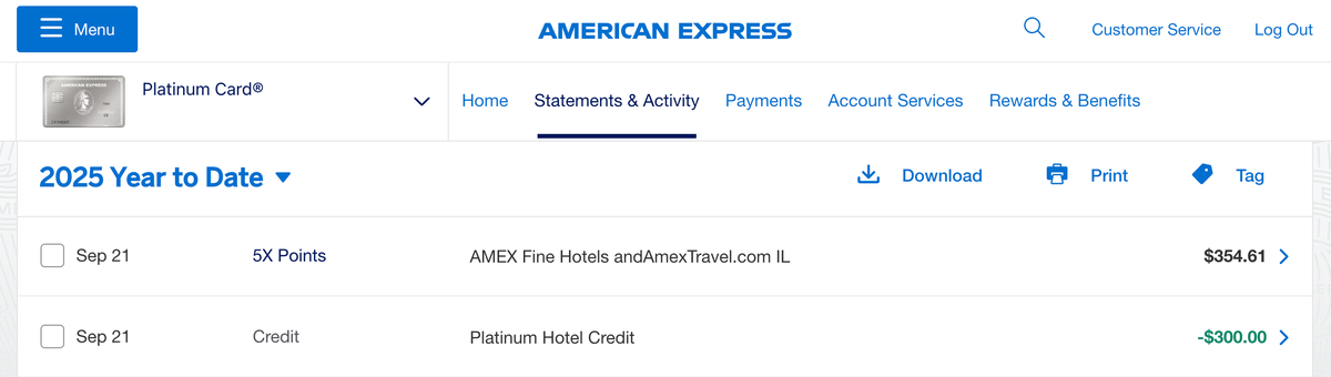 Amex Platinum Fine Hotels Resorts statement credit