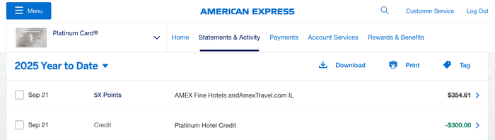 Amex Platinum Fine Hotels Resorts statement credit Amex Platinum Fine Hotels Resorts statement credit