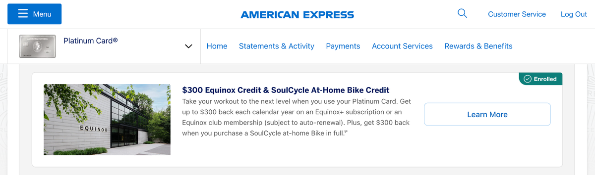 Amex Platinum card Equinox credit enrollment