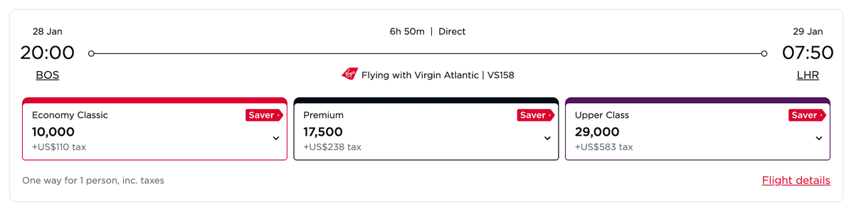 BOS LHR Virgin Atlantic Flying Club Upper class