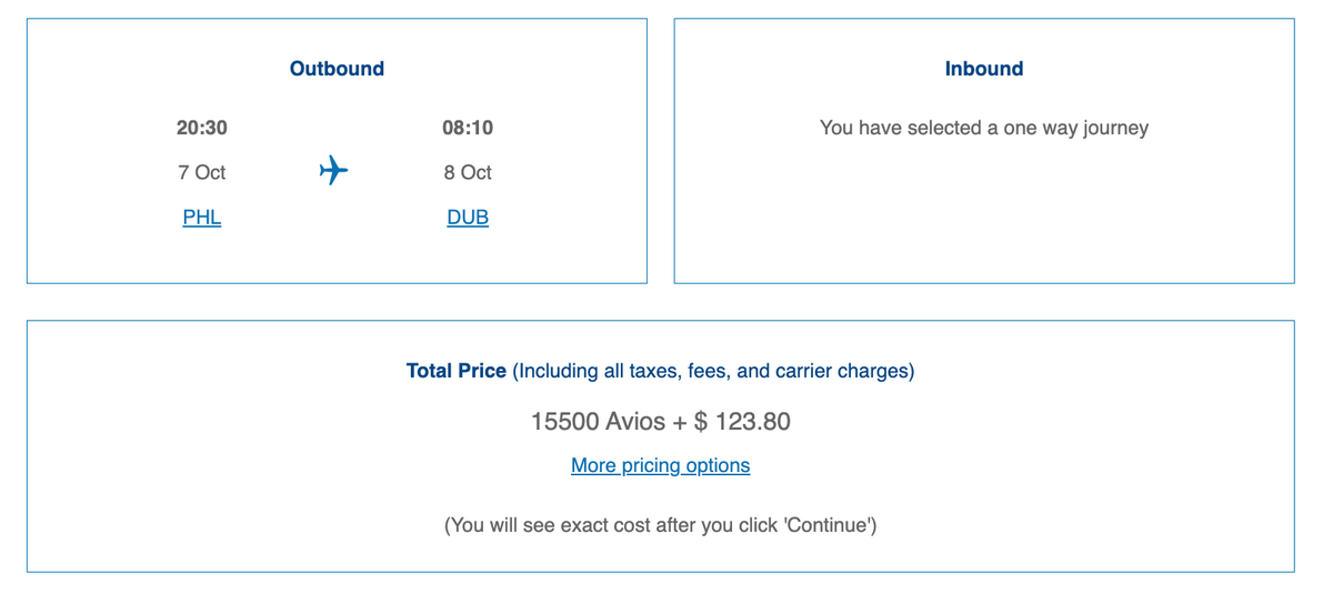 British Airways Avios PHL DUB