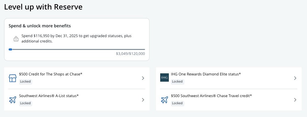 Screenshot of level up rewards Chase Sapphire Reserve Business card