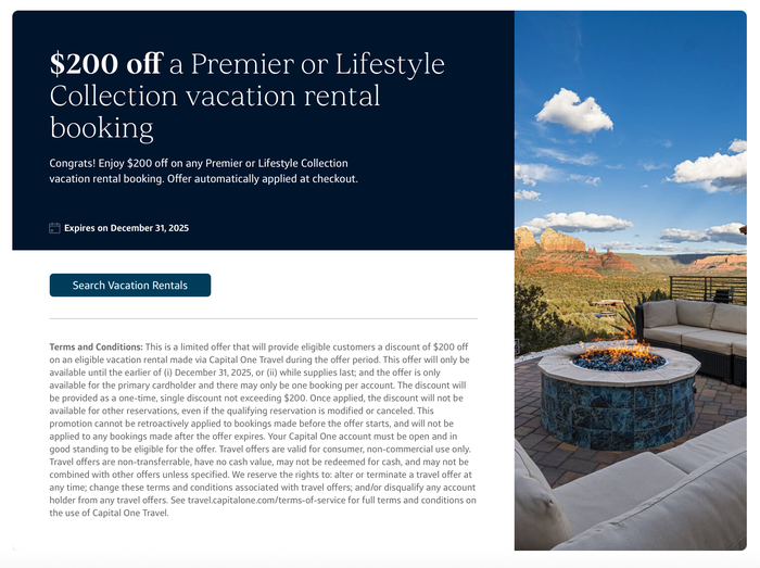 Capital One Premier and Lifestyle vacation rental offer