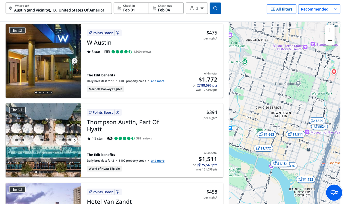 Chase Travel showing The Edit hotels in Austin Texas