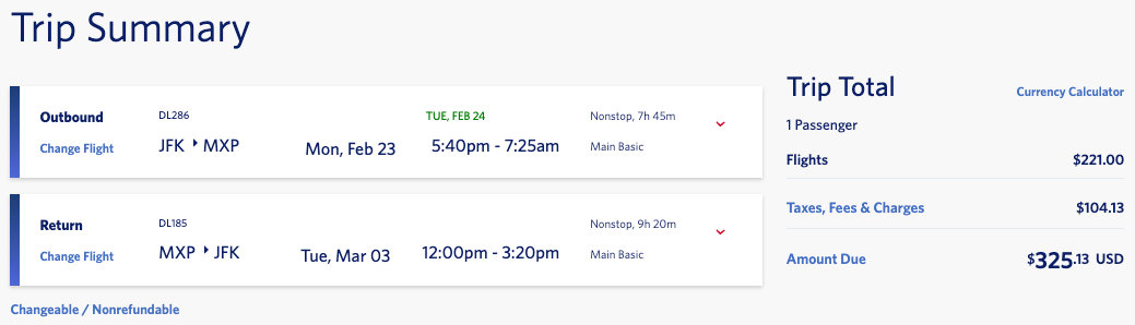 Delta JFK MXP round trip Cyber Monday 326