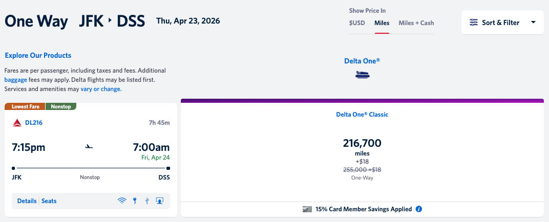 Delta One award cardholder discount JFK DSS