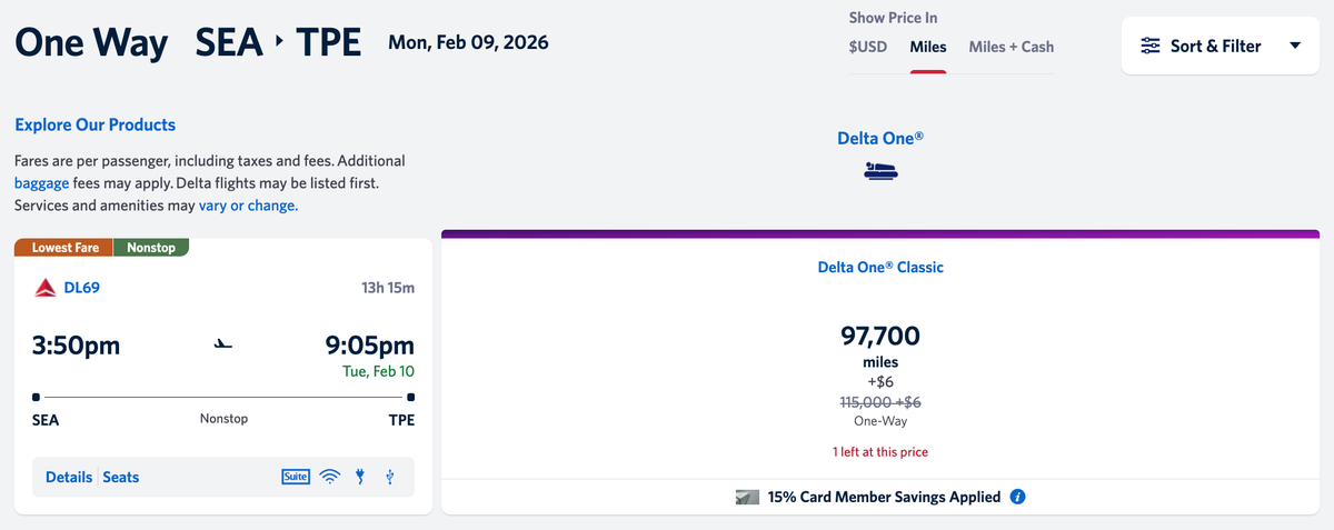 Delta One cardholder price SEA TPE