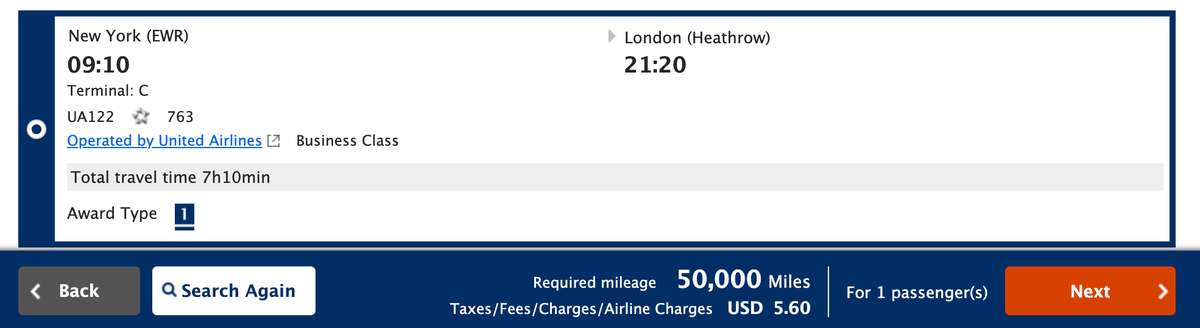EWR LHR ANA Mileage Club 50000 miles