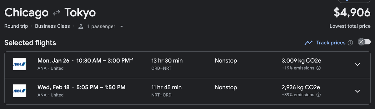 Google Flights ANA business class round trip