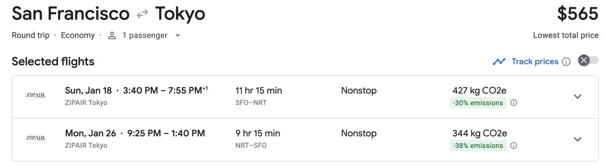 San Francisco to Tokyo with Zipair Google Flights SFO NRT zippair