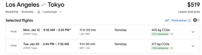 Google Flights Zipair