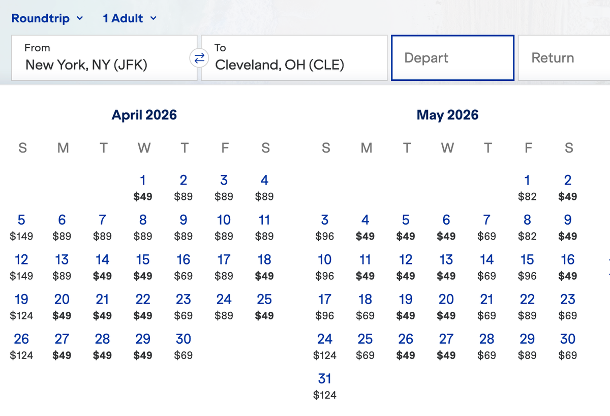 JFK CLE JetBlue Cash