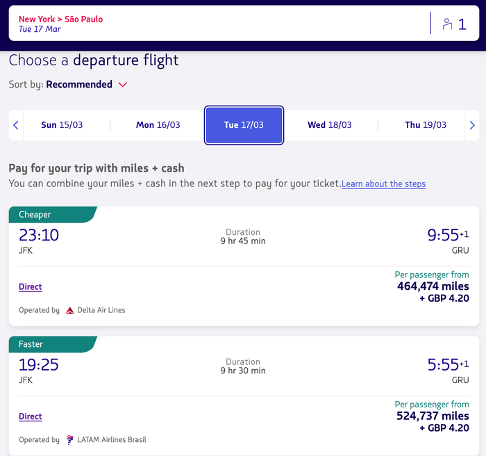 JFK to Sao Paulo LATAM redemption in business class