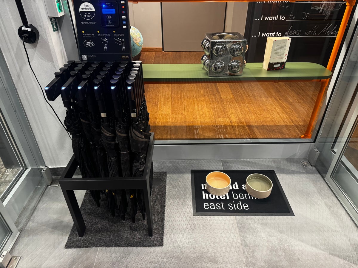 Me and All Hotel Berlin East Side lobby umbrellas water bowls Me and All Hotel Berlin East Side lobby umbrellas water bowls