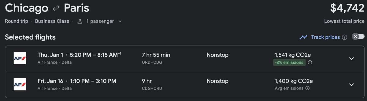 ORD CDG Google Flights cash price business class 1