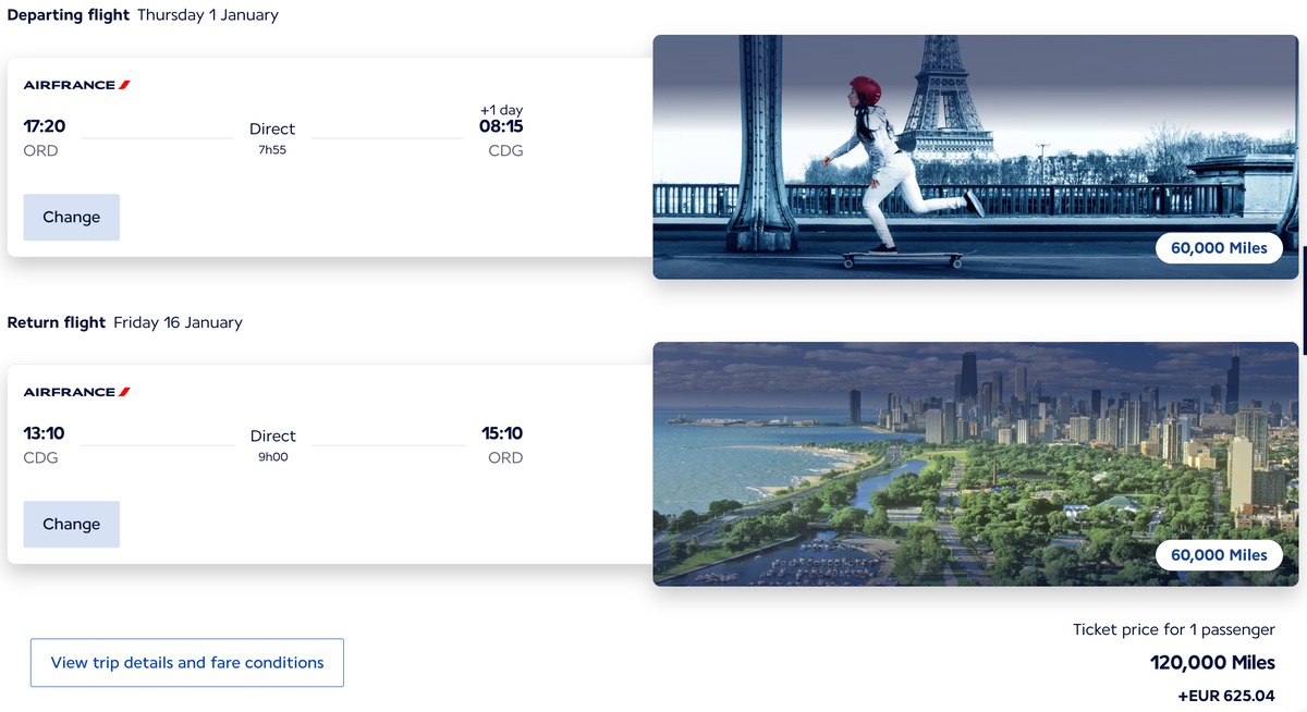 ORD CDG ORD business class 120000 Flying Blue miles 1