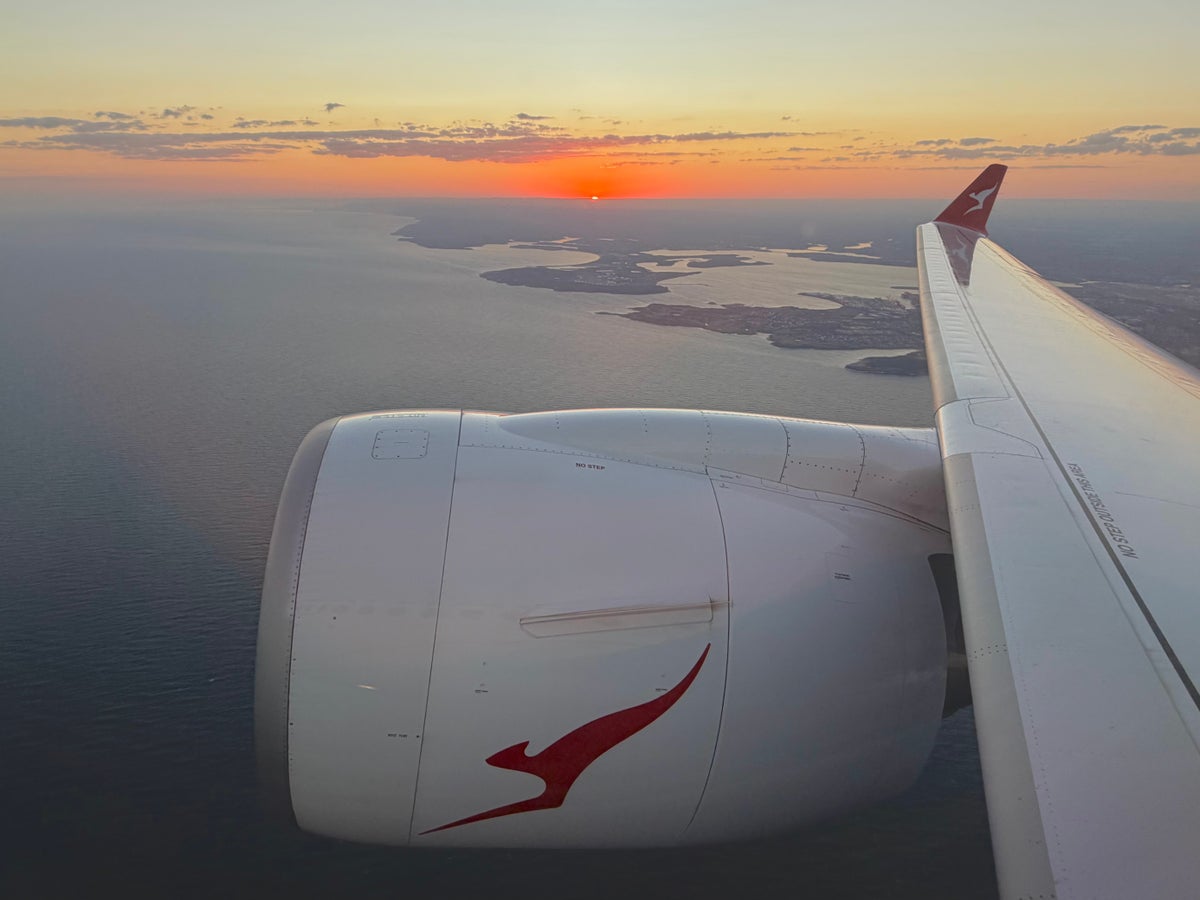 Qantas Airbus A220 wing and engine on take off from Sydney SYD