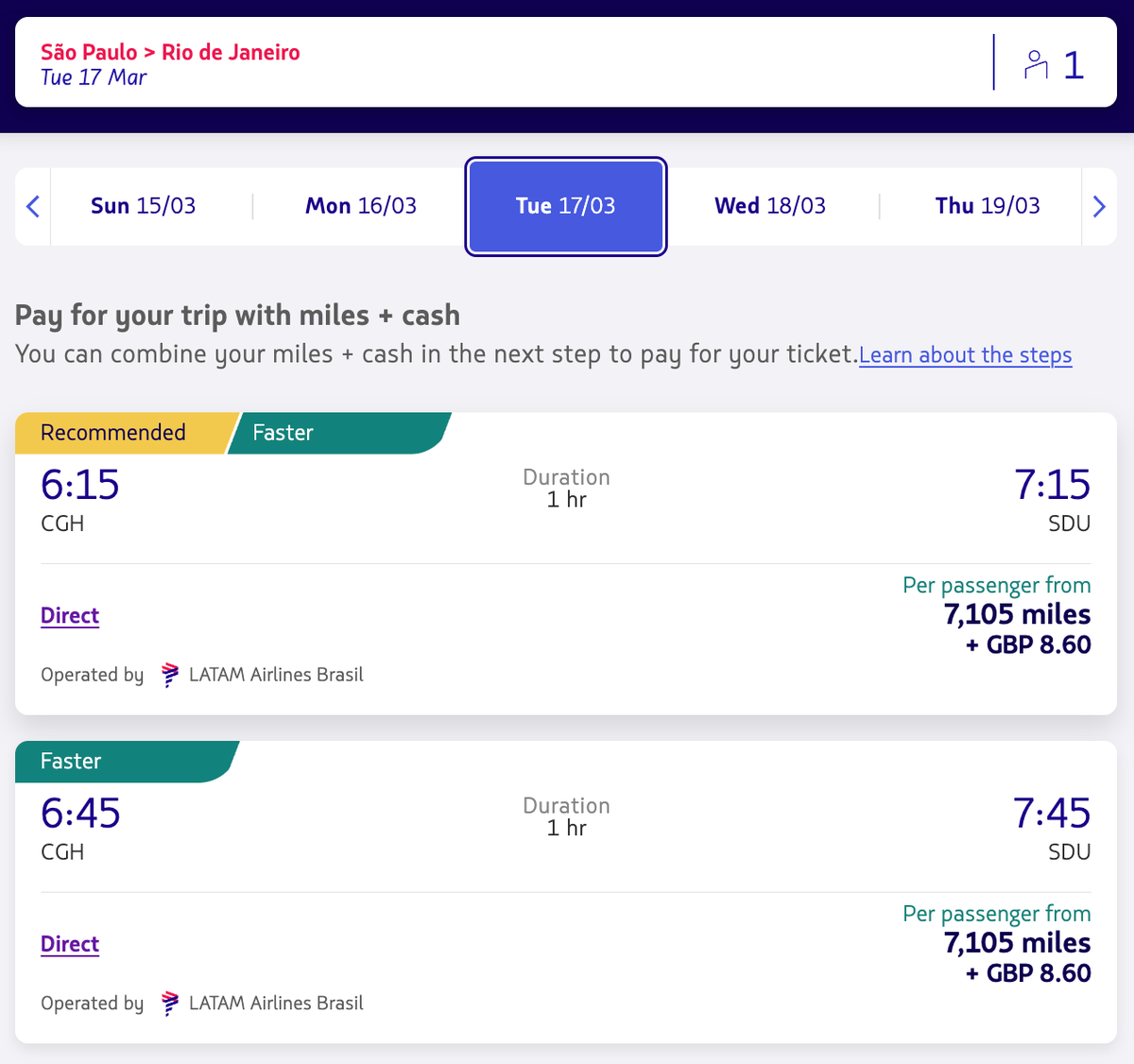 Sao Paulo to Rio de Janeiro LATAM redemption in economy Sao Paulo to Rio de Janeiro LATAM redemption in economy