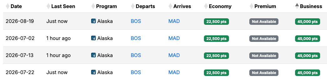 Seats.aero availability 45k USA MAD