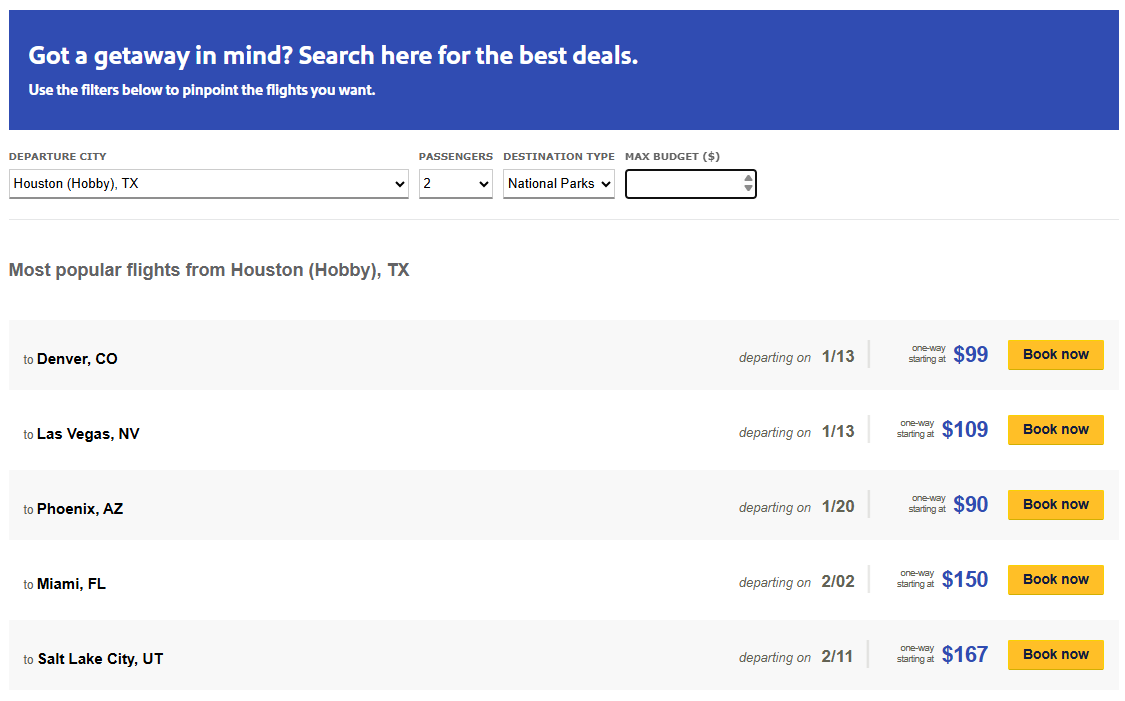 Southwest Airlines flight deals filter