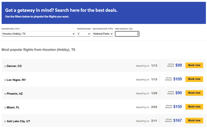 Southwest Airlines flight deals filter Southwest Airlines flight deals filter