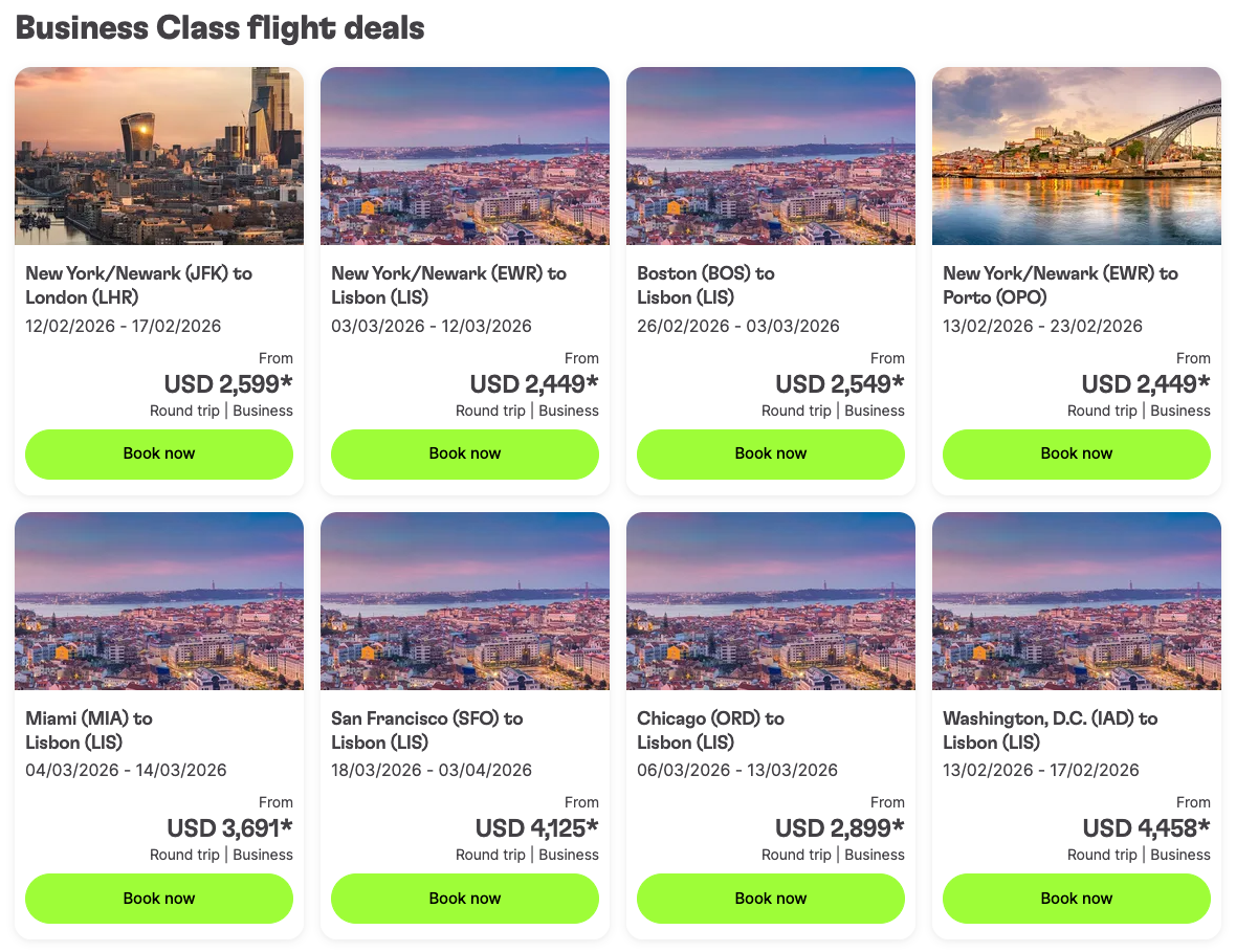 TAP Portugual January 13 2026 business fares