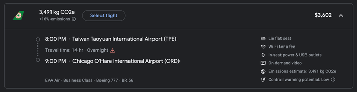 TPE ORD business class cash fare