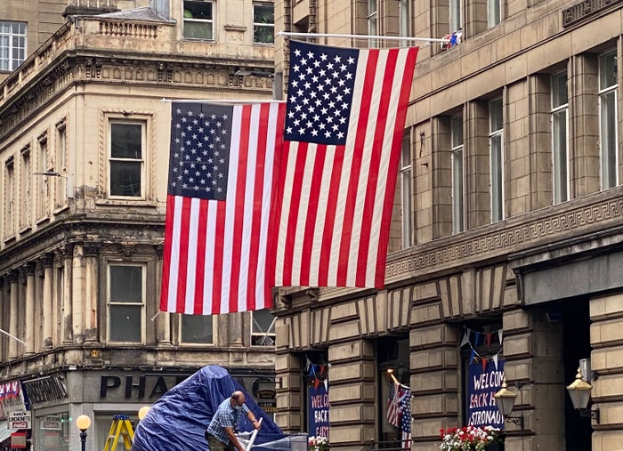 US flags in Glasgow Scotland