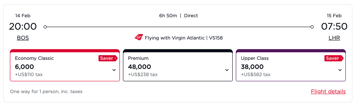 Virgin Atlantic Flying Club BOS LHR 6k economy