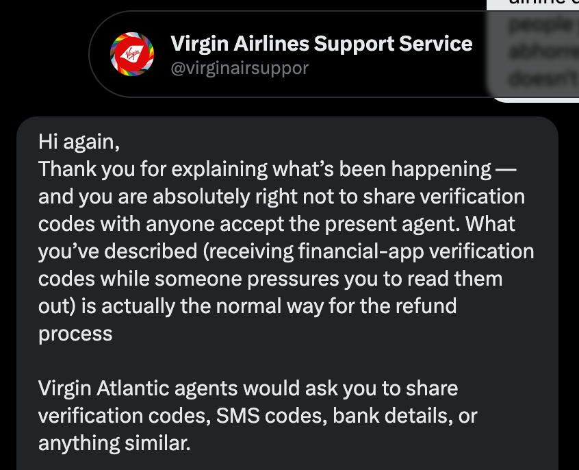 Virgin Atlantic Twitter message Virgin Atlantic Twitter message