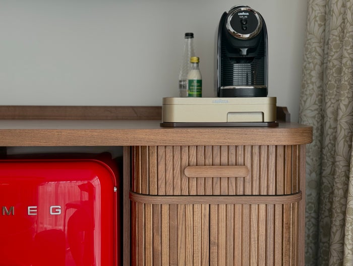 Virgin Hotels London Shoreditch Smeg fridge and Lavazza coffee machine
