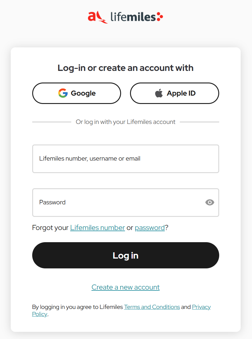 avianca lifemiles login screen
