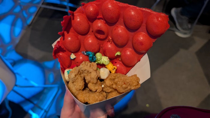 2026 EPCOT International Festival of the Arts Figment's Inspiration Station at the Odyssey popcorn, popcorn chicken and waffles